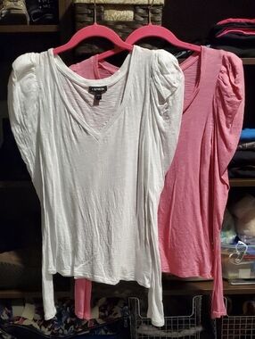 Express Women's Puff Sleeve V-Neck Top in White and Pink $15 For Both